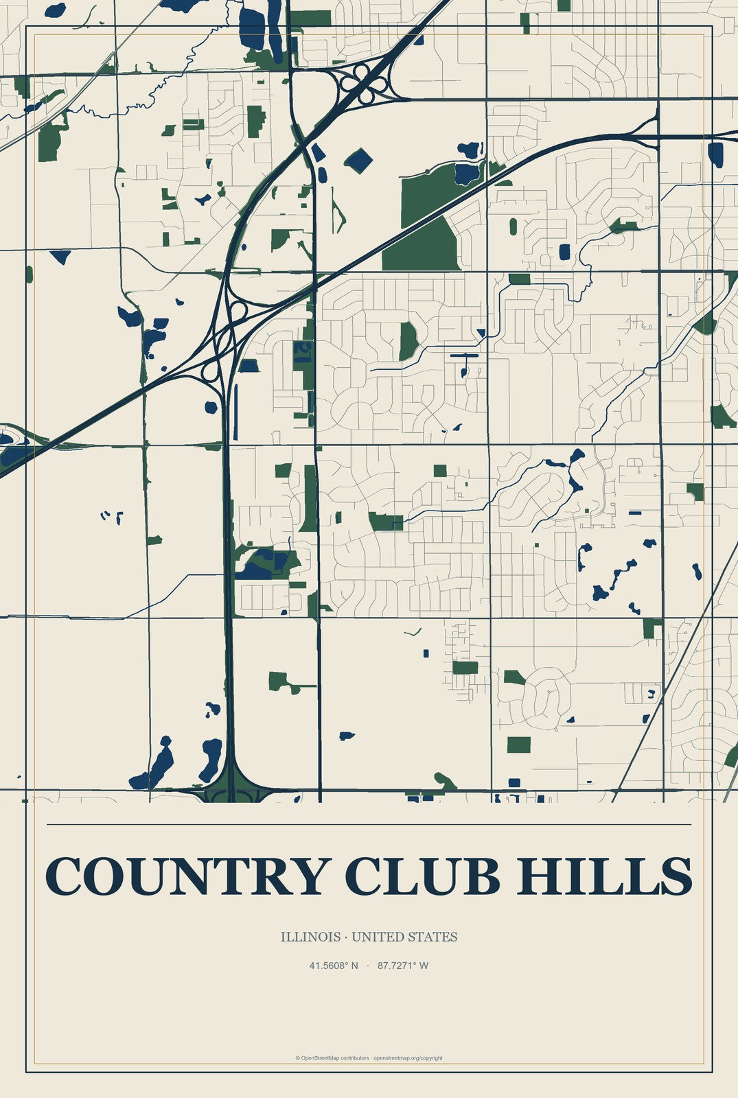 Country Club Hills, Illinois City Map Aluminum Sign in Coastal Cutout style