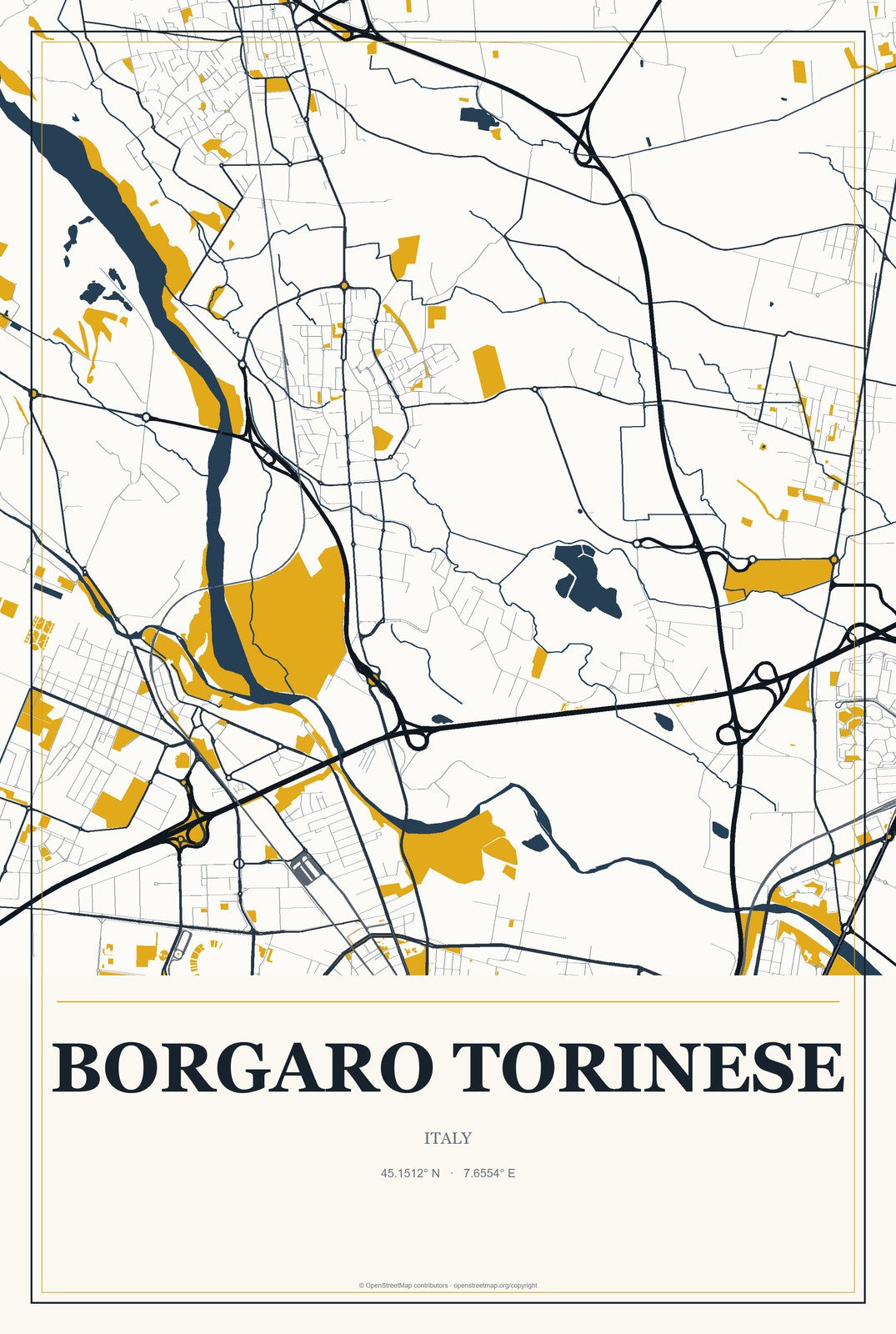 Borgaro Torinese, Italy City Map Aluminum Sign in Citrine Modern style