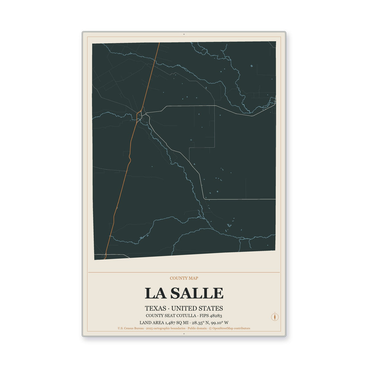 La Salle County, Texas Map Aluminum Sign in Headline Atlas style