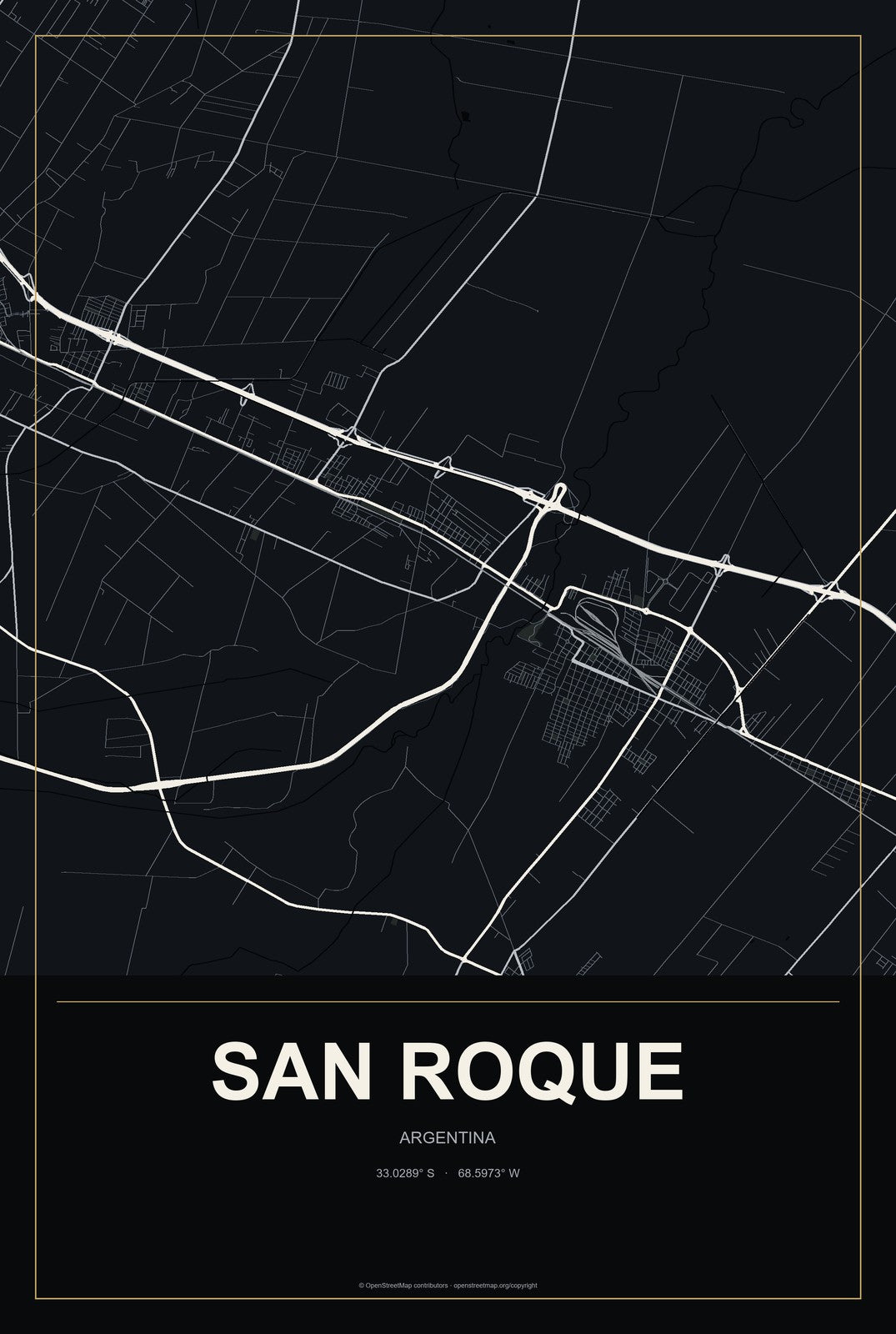 San Roque, Argentina City Map Aluminum Sign in Metropolitan Noir style