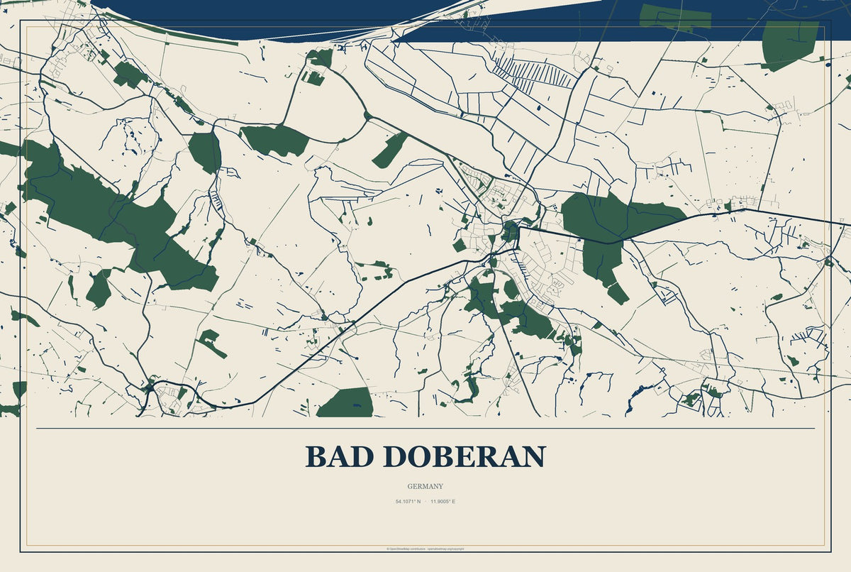Bad Doberan, Germany City Map Aluminum Sign in Coastal Cutout style