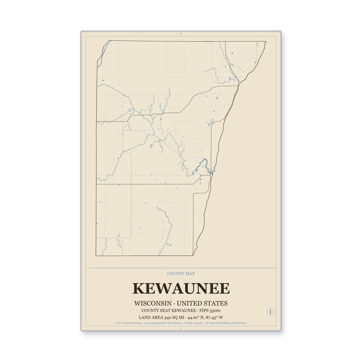 Kewaunee County, Wisconsin Map Aluminum Sign in Heritage Nautical style