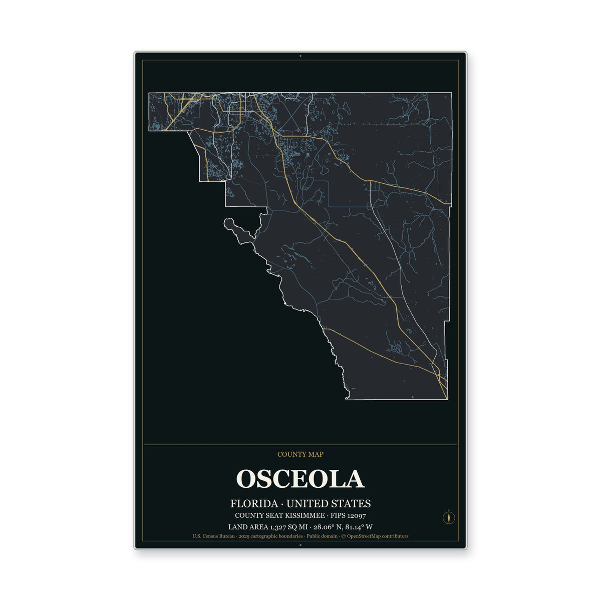 Osceola County, Florida Map Aluminum Sign in Metropolitan Noir style