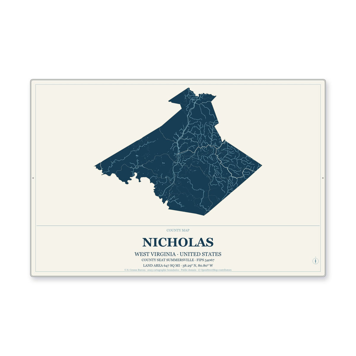 Nicholas County, West Virginia Map Aluminum Sign in Coastal Cutout style