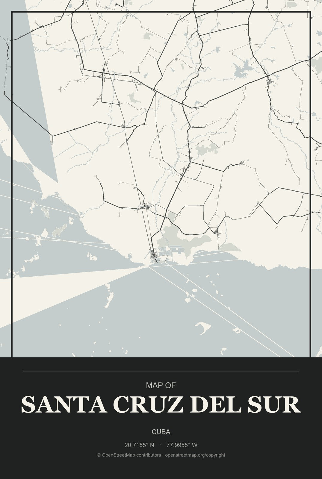 Santa Cruz del Sur, Cuba City Map Aluminum Sign in Museum Plaque style