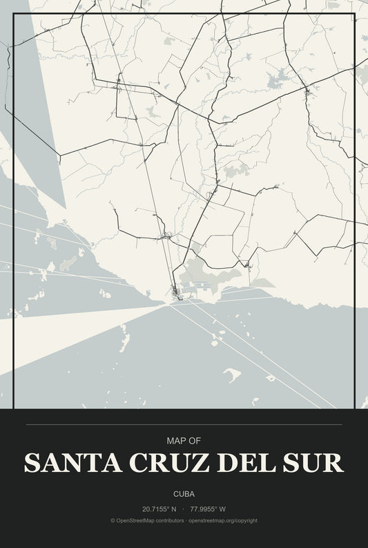 Santa Cruz del Sur, Cuba City Map Aluminum Sign in Museum Plaque style