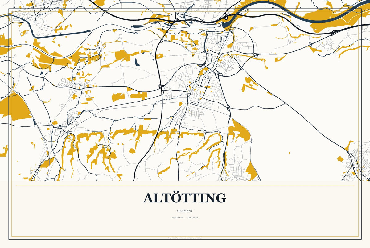 Altötting, Germany City Map Aluminum Sign in Citrine Modern style