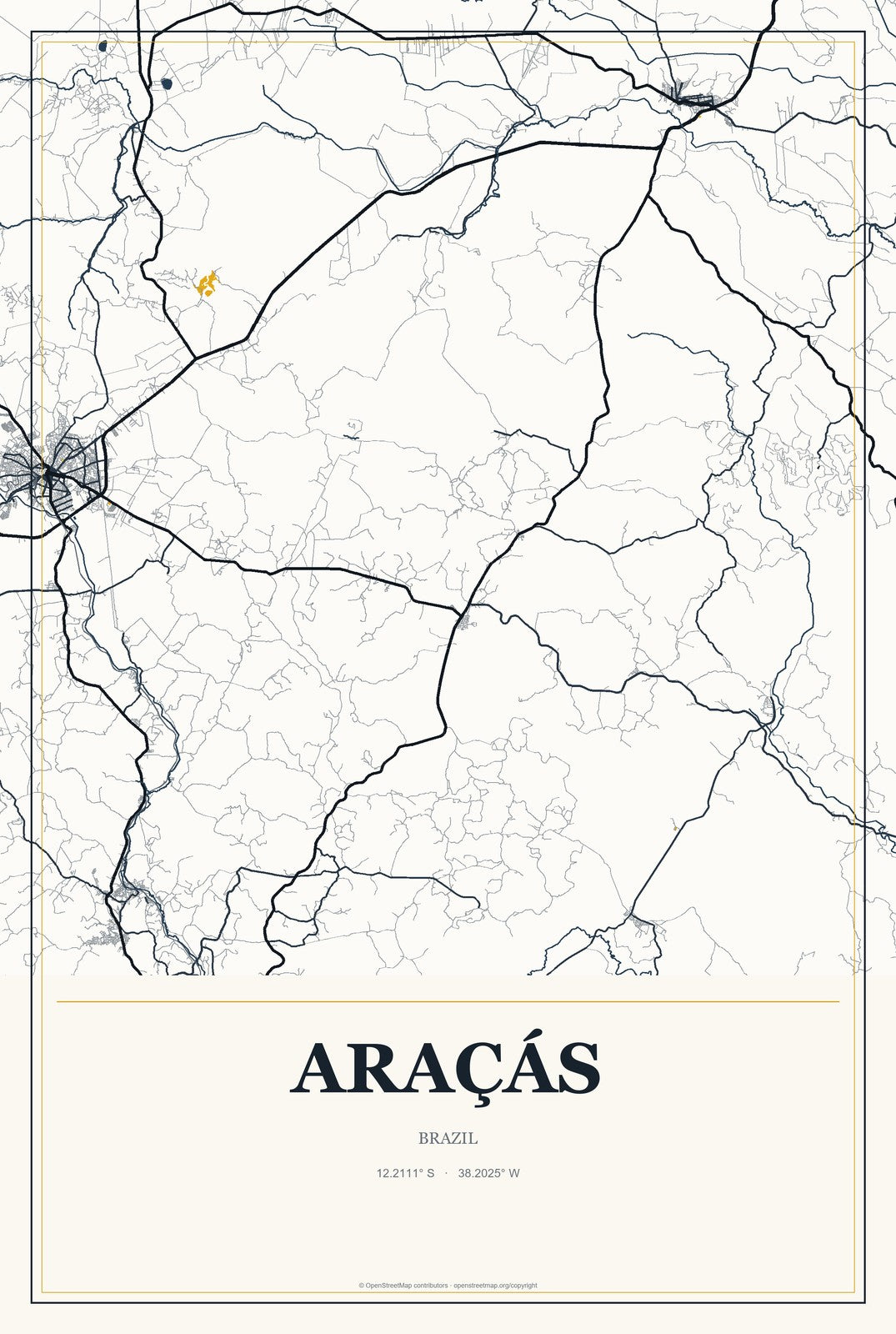 Araçás, Brazil City Map Aluminum Sign in Citrine Modern style