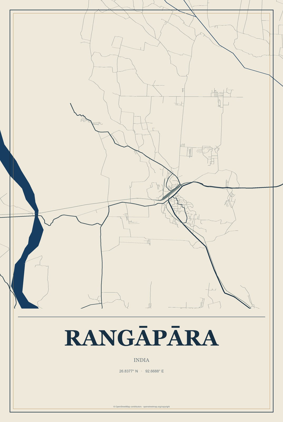 Rangāpāra, India City Map Aluminum Sign in Coastal Cutout style