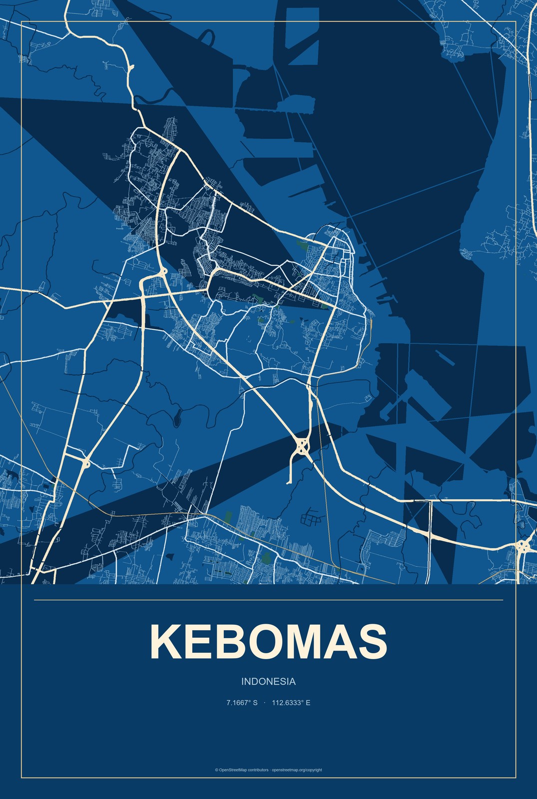 Kebomas, Indonesia City Map Aluminum Sign in Harbor Cobalt style