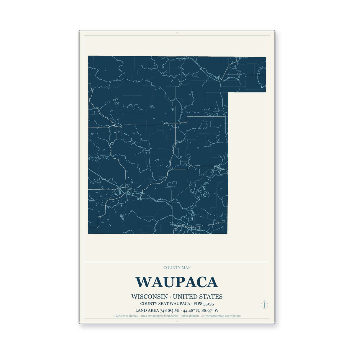 Waupaca County, Wisconsin Map Aluminum Sign in Coastal Cutout style