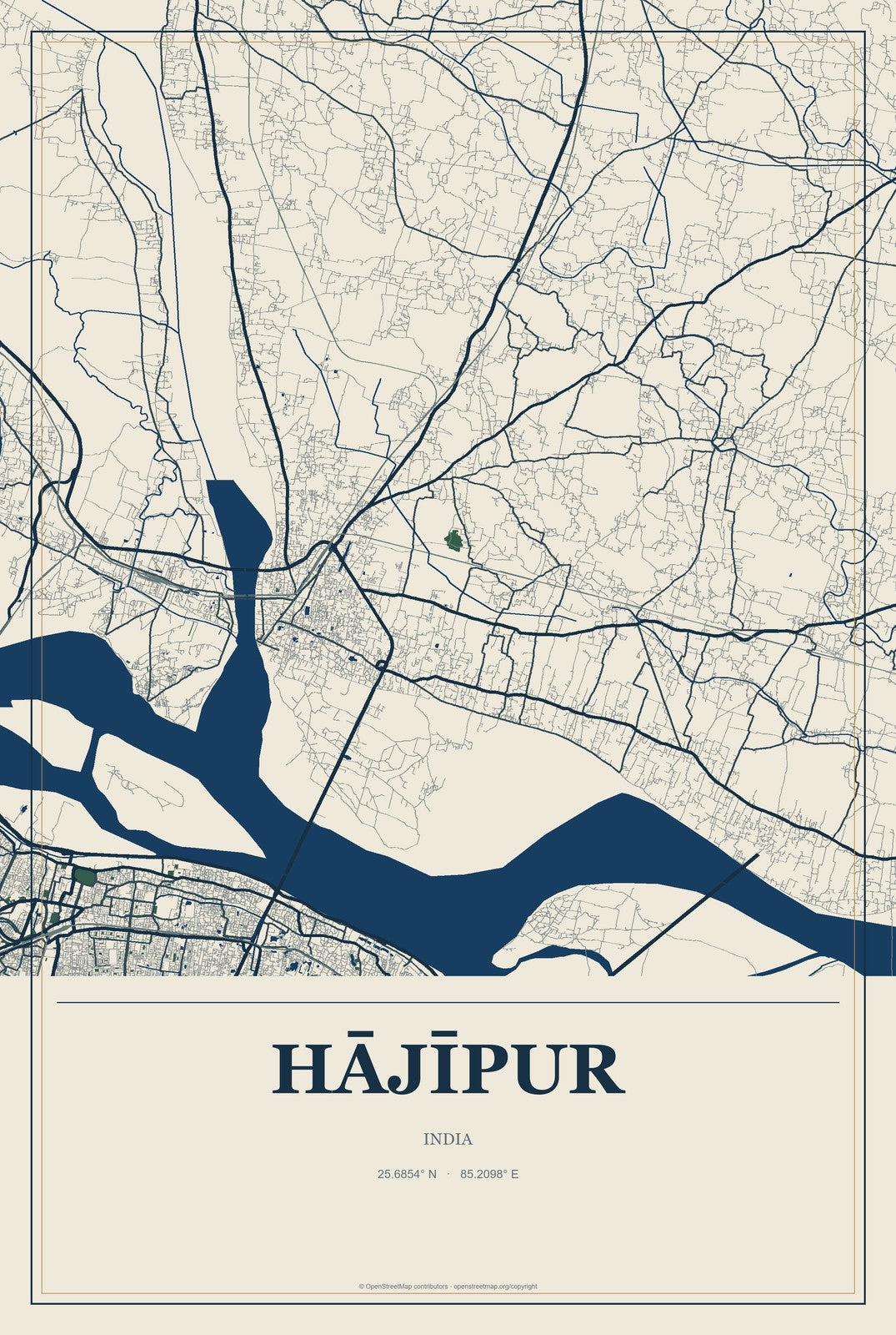 Hājīpur, India City Map Aluminum Sign in Coastal Cutout style