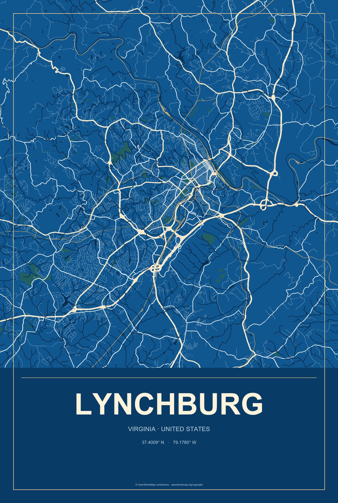 Lynchburg, Virginia City Map Aluminum Sign in Harbor Cobalt style