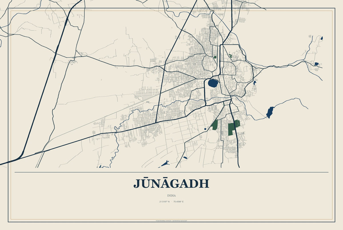 Jūnāgadh, India City Map Aluminum Sign in Coastal Cutout style
