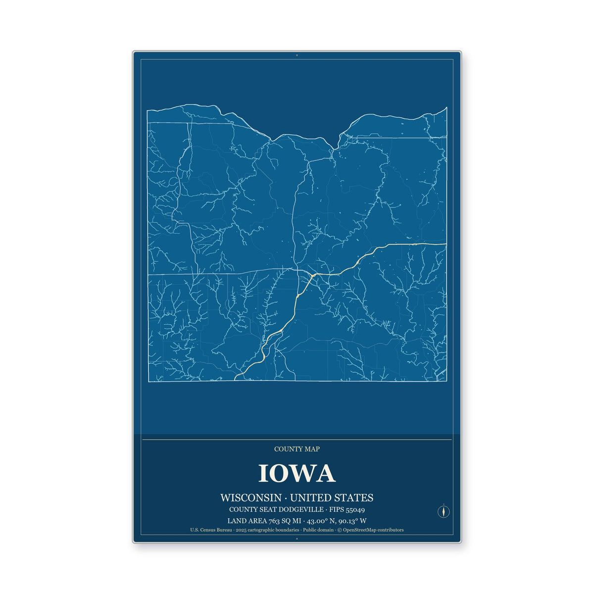 Iowa County, Wisconsin Map Aluminum Sign in Harbor Cobalt style