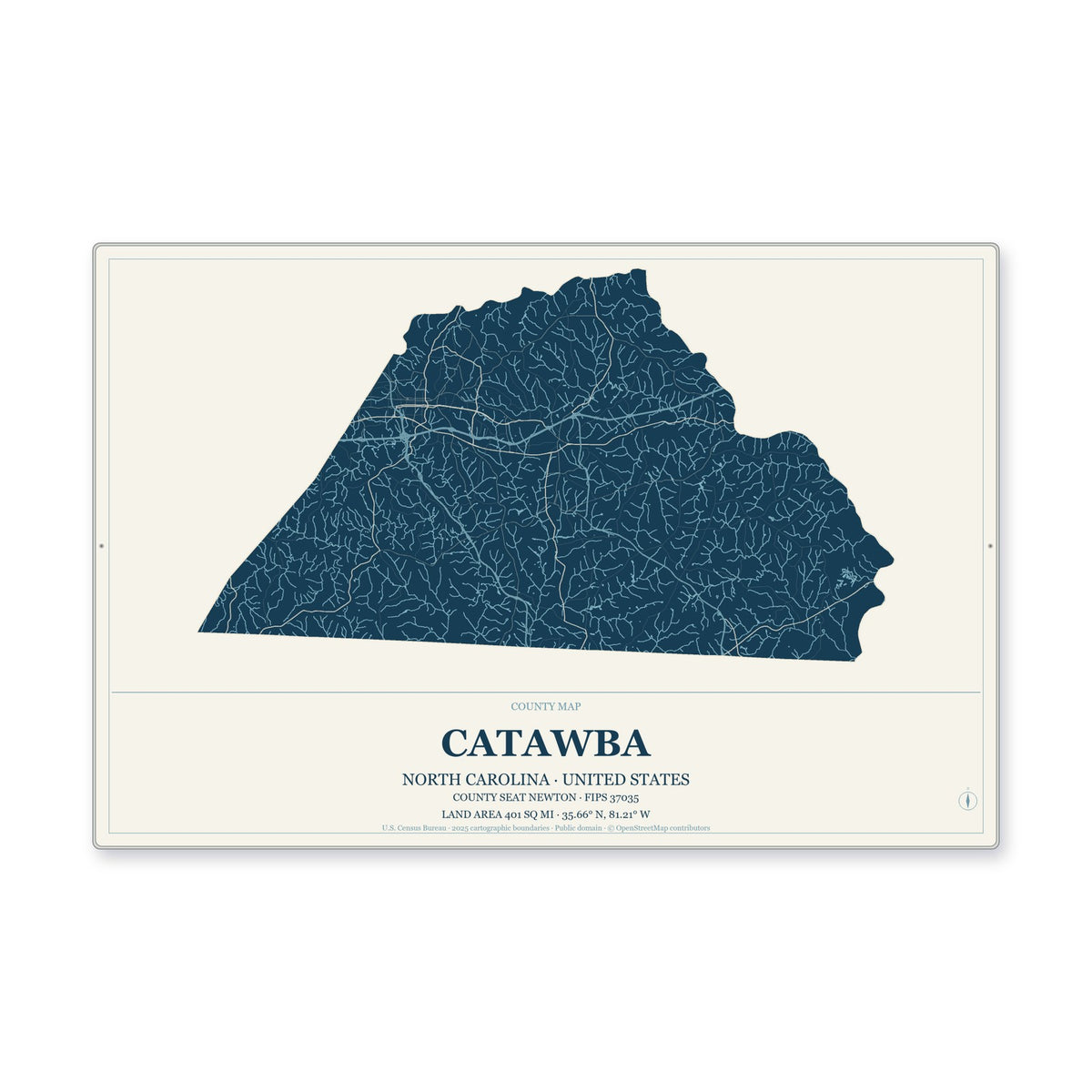 Catawba County, North Carolina Map Aluminum Sign in Coastal Cutout style