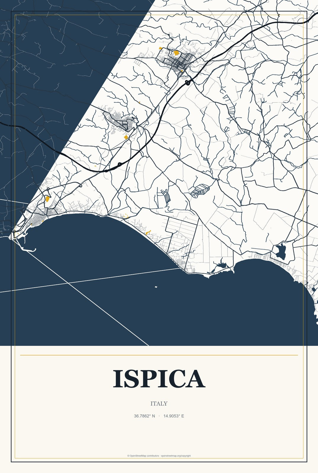 Ispica, Italy City Map Aluminum Sign in Citrine Modern style