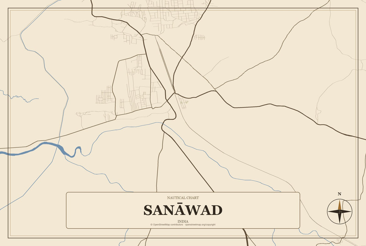 Sanāwad, India City Map Aluminum Sign in Heritage Nautical style
