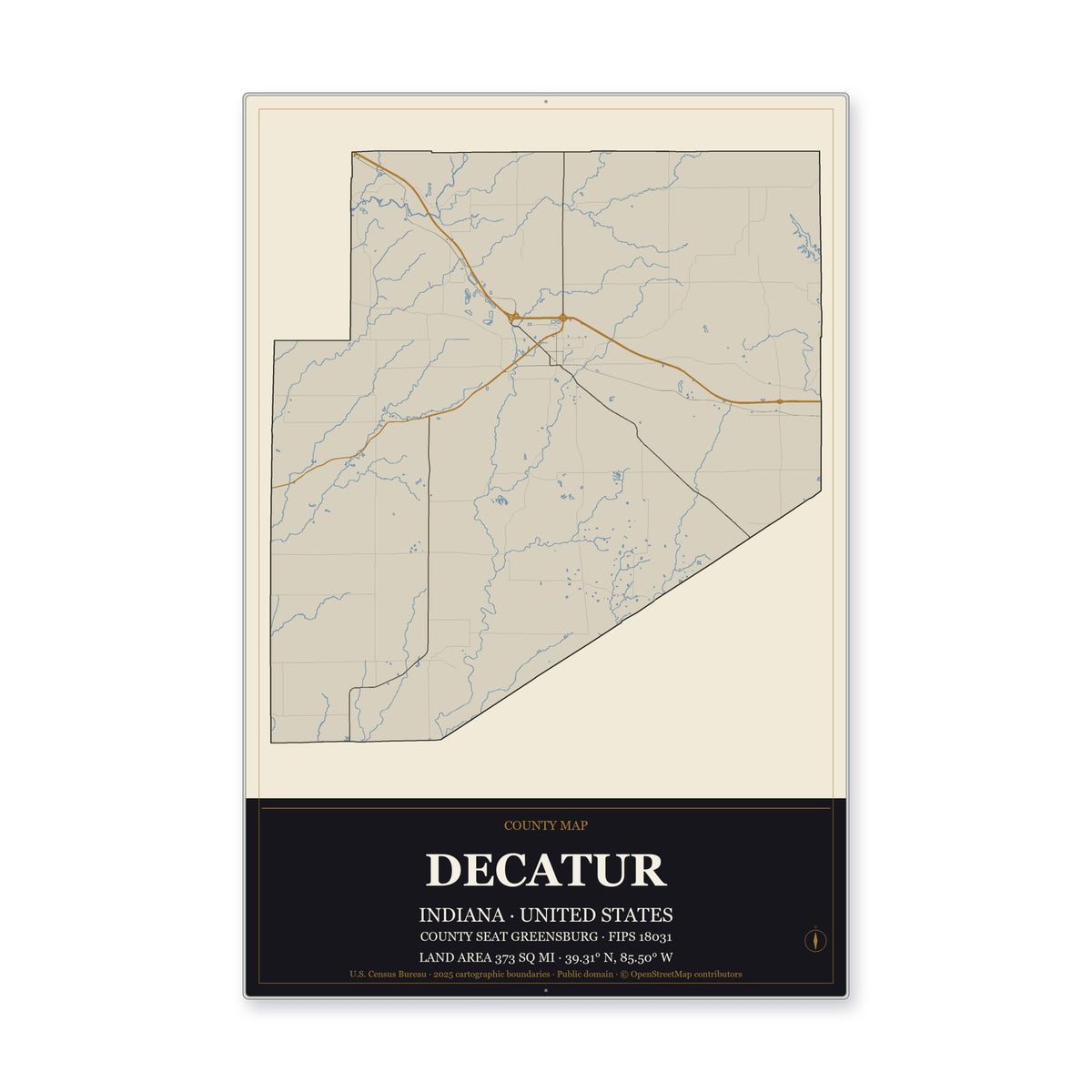 Decatur County, Indiana Map Aluminum Sign in Museum Plaque style