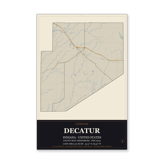 Decatur County, Indiana Map Aluminum Sign in Museum Plaque style