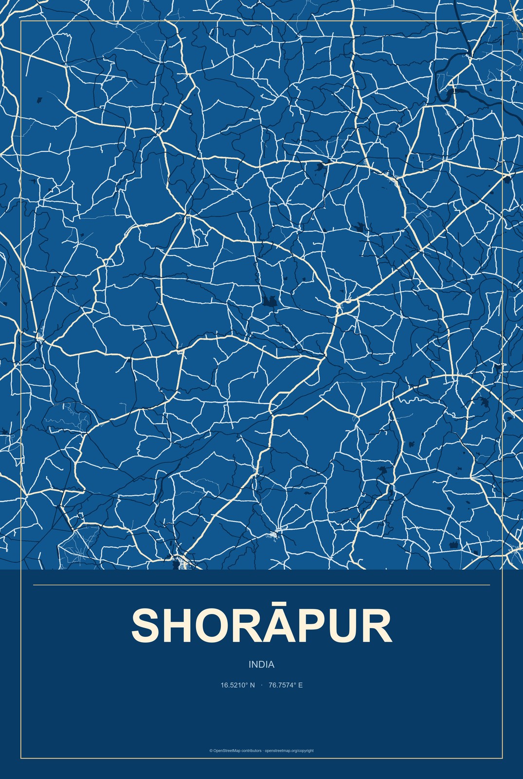 Shorāpur, India City Map Aluminum Sign in Harbor Cobalt style