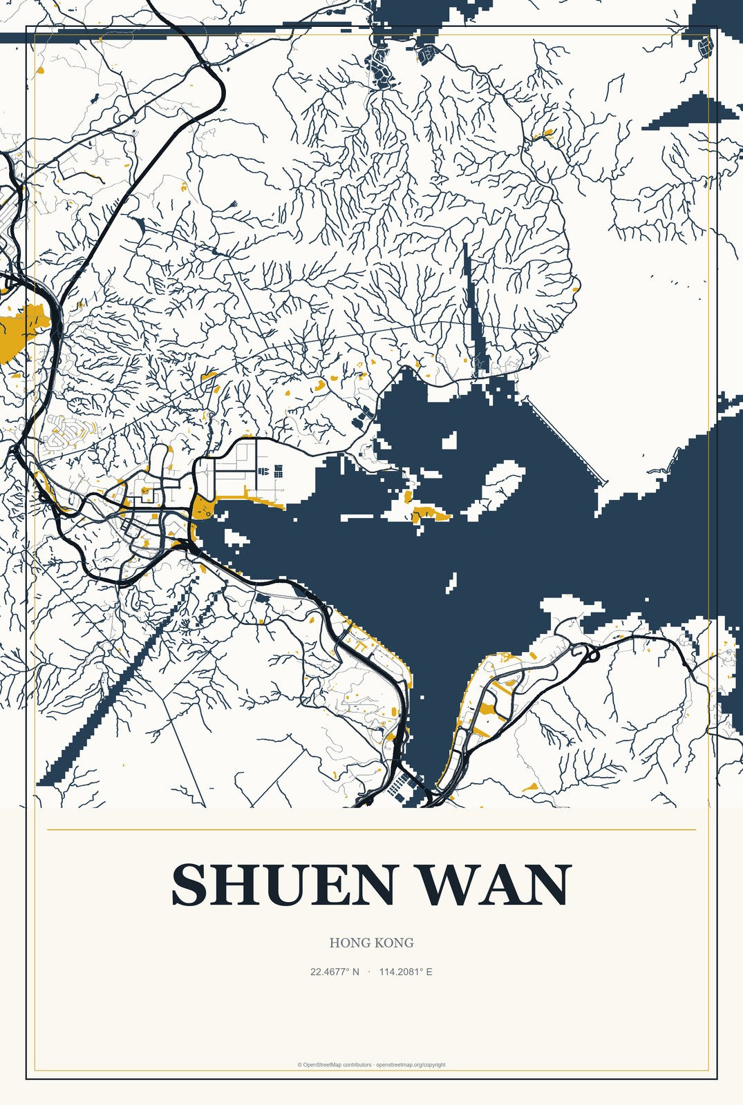 Shuen Wan, Hong Kong City Map Aluminum Sign in Citrine Modern style