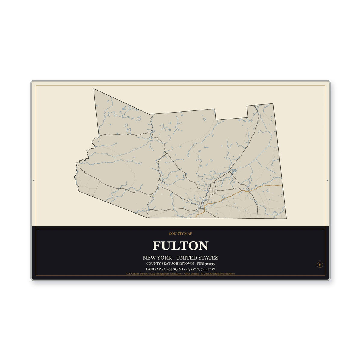 Fulton County, New York Map Aluminum Sign in Museum Plaque style