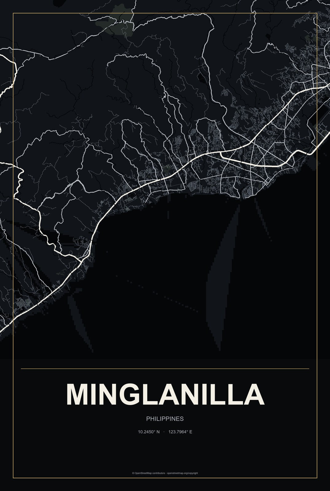 Minglanilla, Philippines City Map Aluminum Sign in Metropolitan Noir style