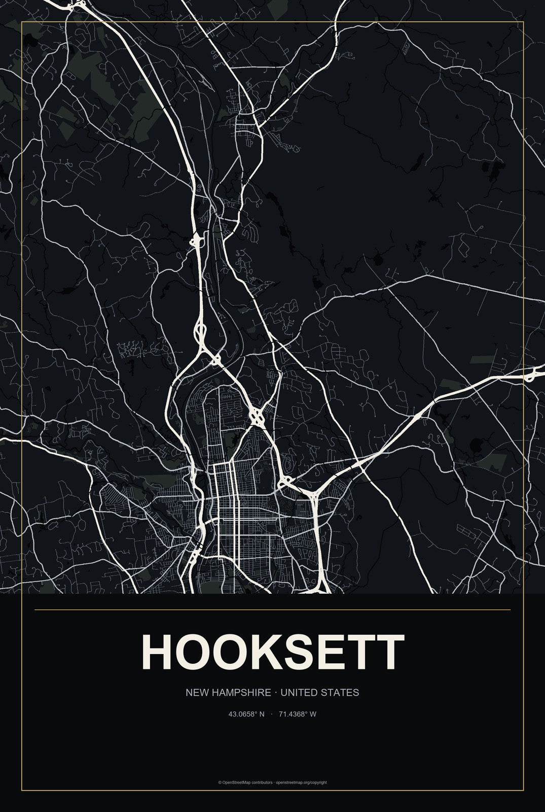 Hooksett, New Hampshire City Map Aluminum Sign in Metropolitan Noir style