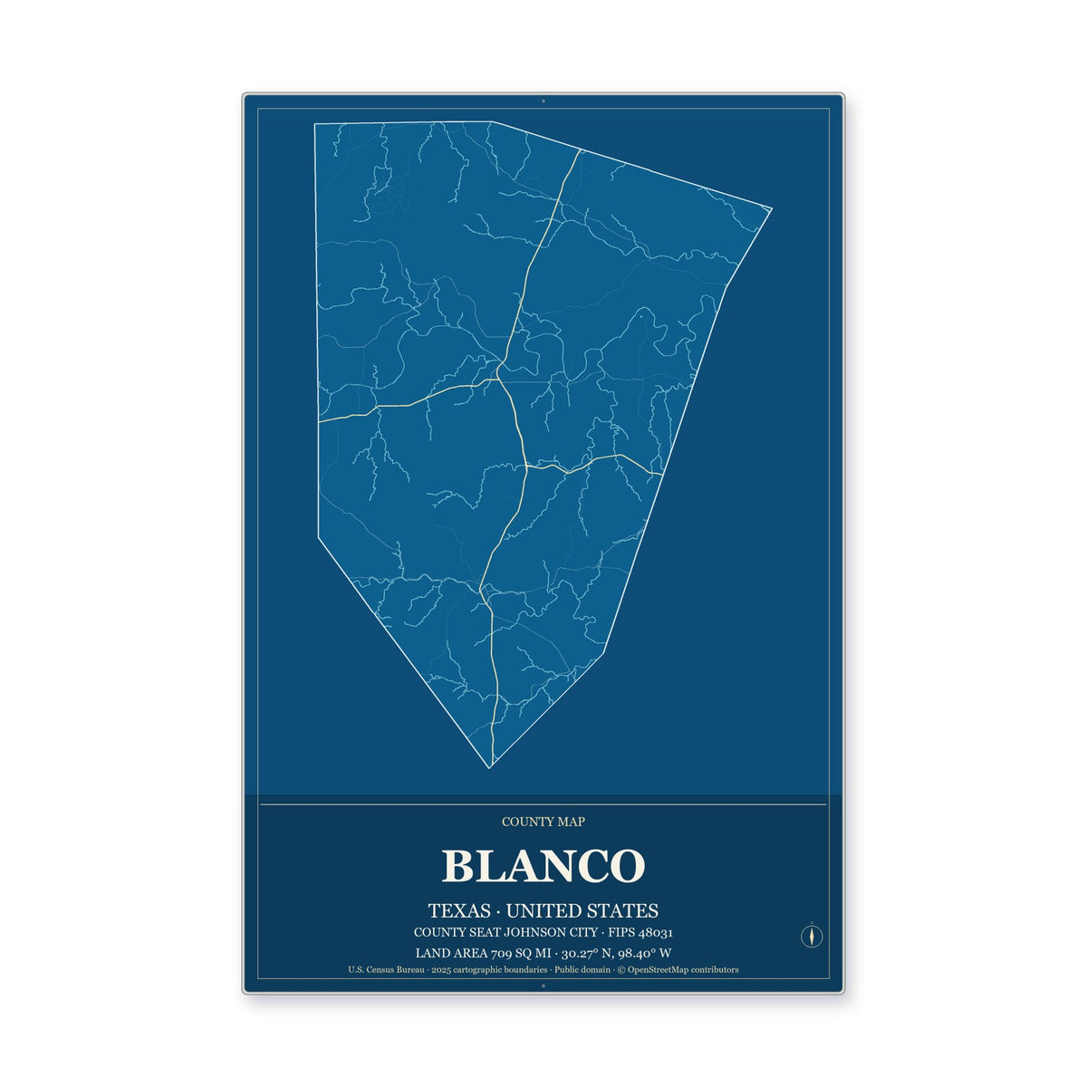 Blanco County, Texas Map Aluminum Sign in Harbor Cobalt style