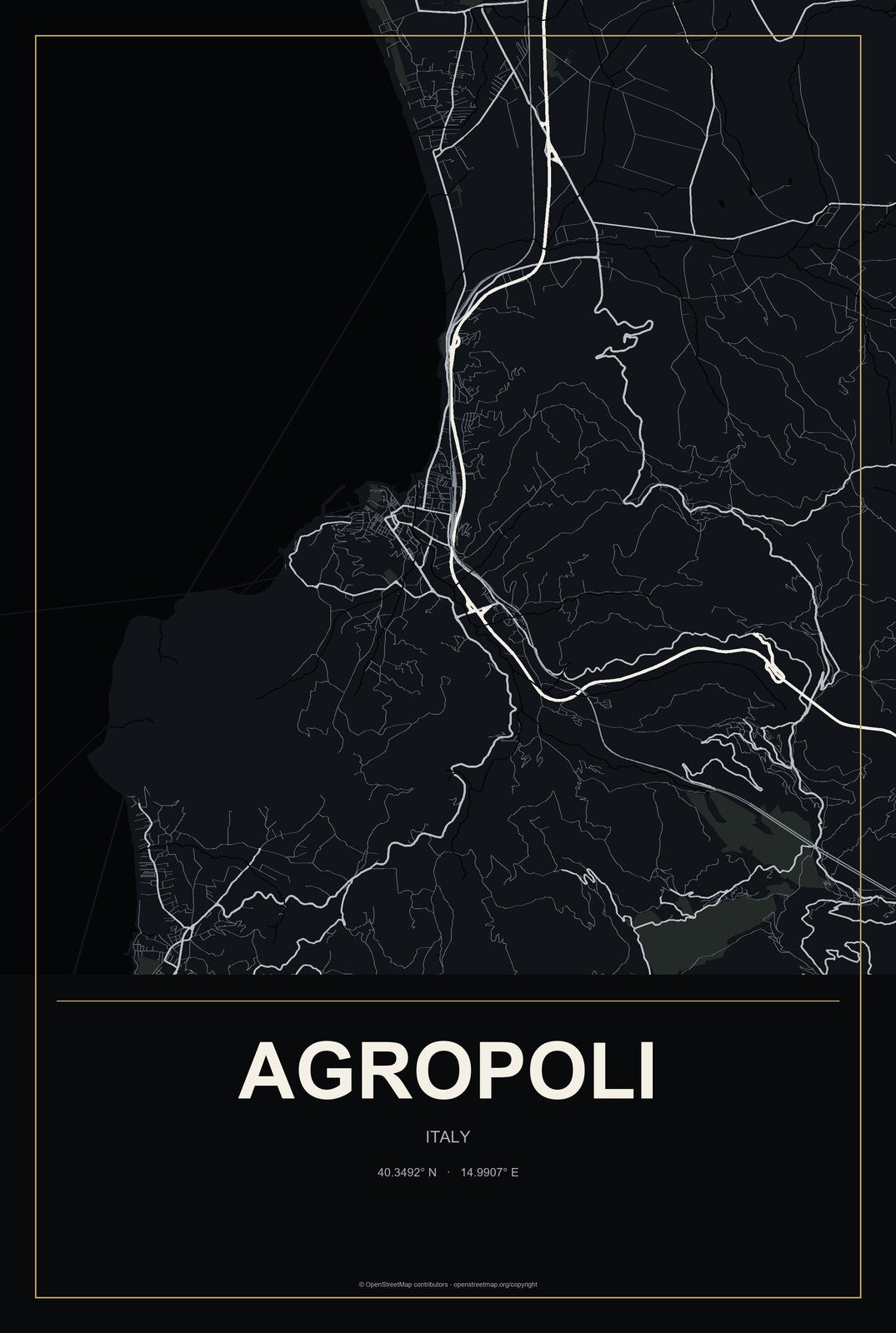 Agropoli, Italy City Map Aluminum Sign in Metropolitan Noir style