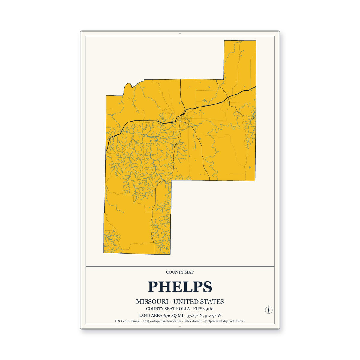 Phelps County, Missouri Map Aluminum Sign in Citrine Modern style