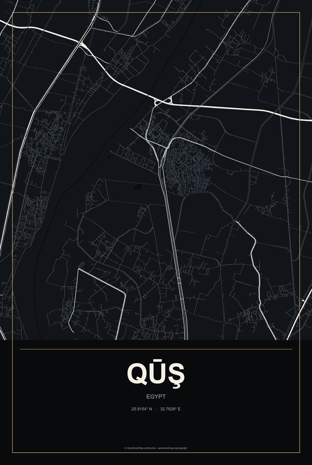 Qūş, Egypt City Map Aluminum Sign in Metropolitan Noir style