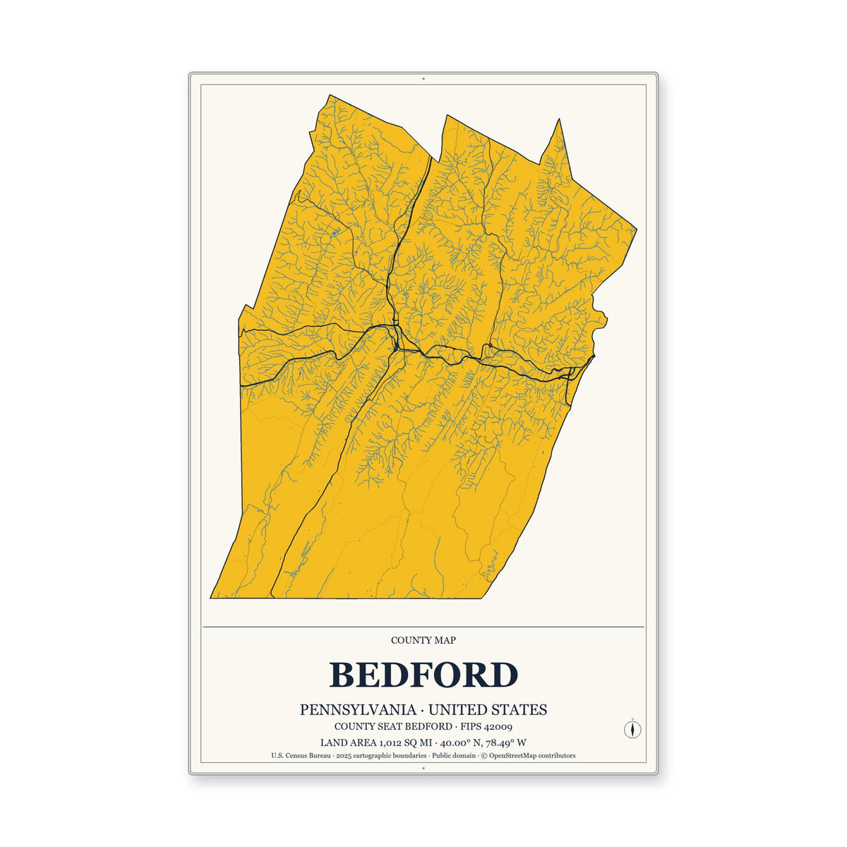 Bedford County, Pennsylvania Map Aluminum Sign in Citrine Modern style