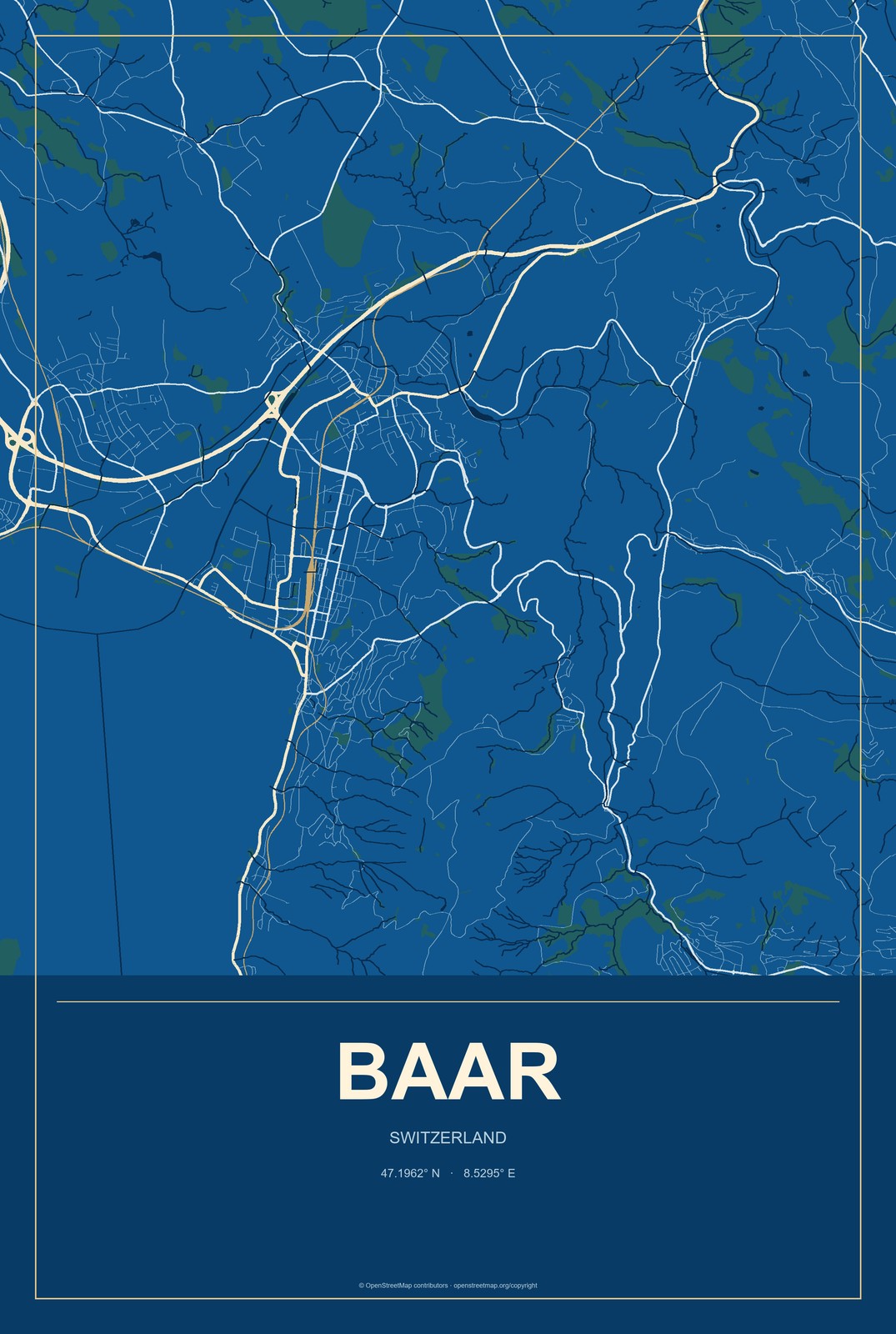 Baar, Switzerland City Map Aluminum Sign in Harbor Cobalt style
