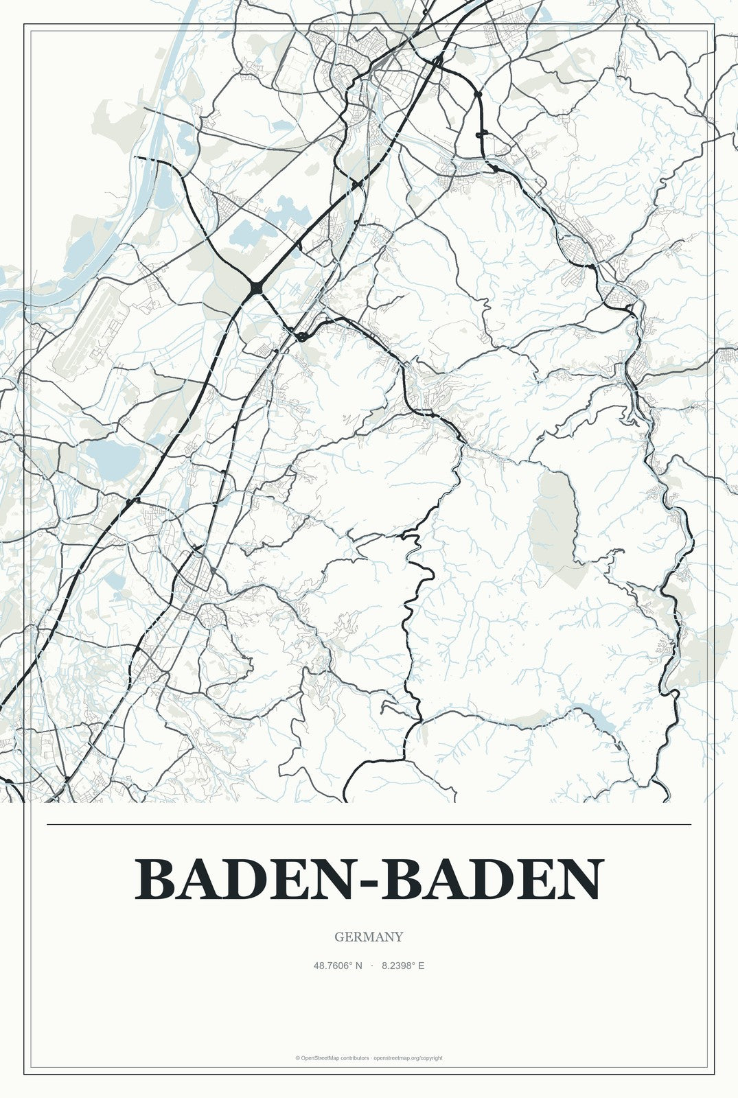 Baden-Baden, Germany City Map Aluminum Sign in Gallery Air style