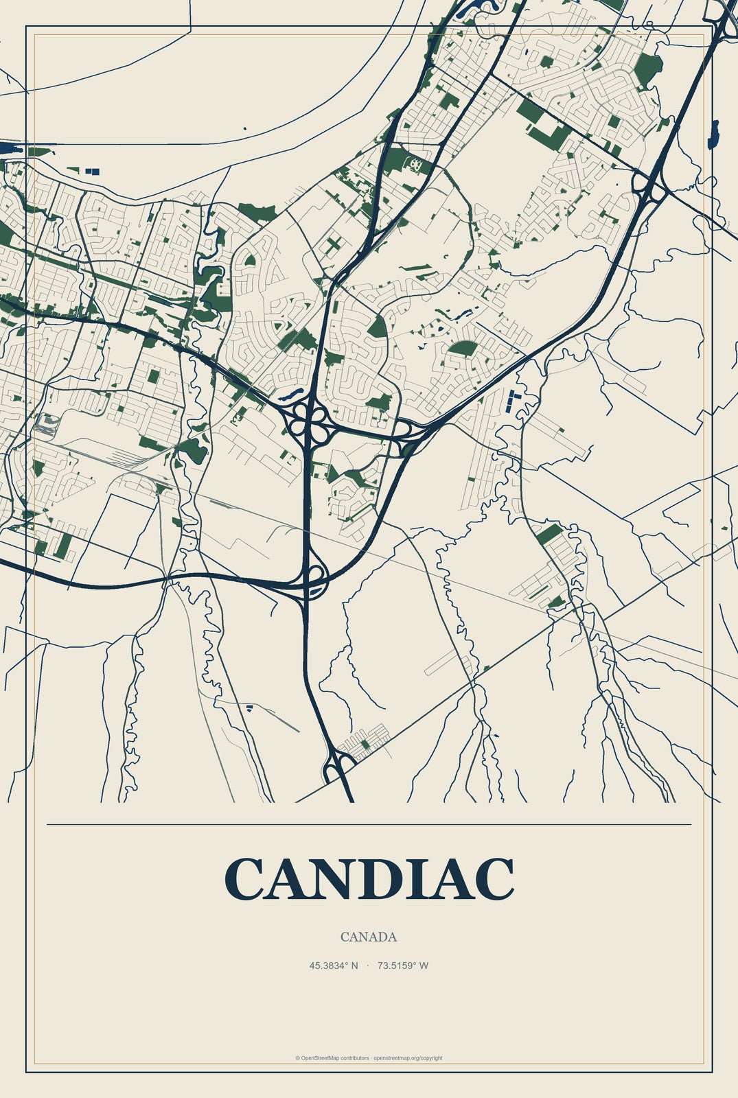 Candiac, Canada City Map Aluminum Sign in Coastal Cutout style