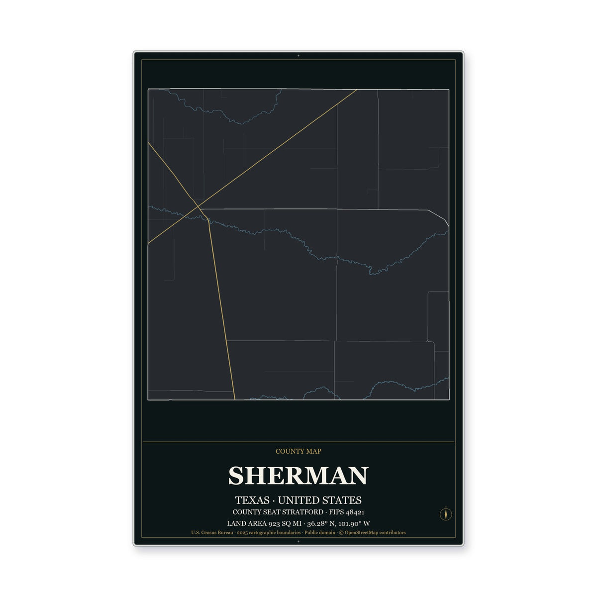 Sherman County, Texas Map Aluminum Sign in Metropolitan Noir style