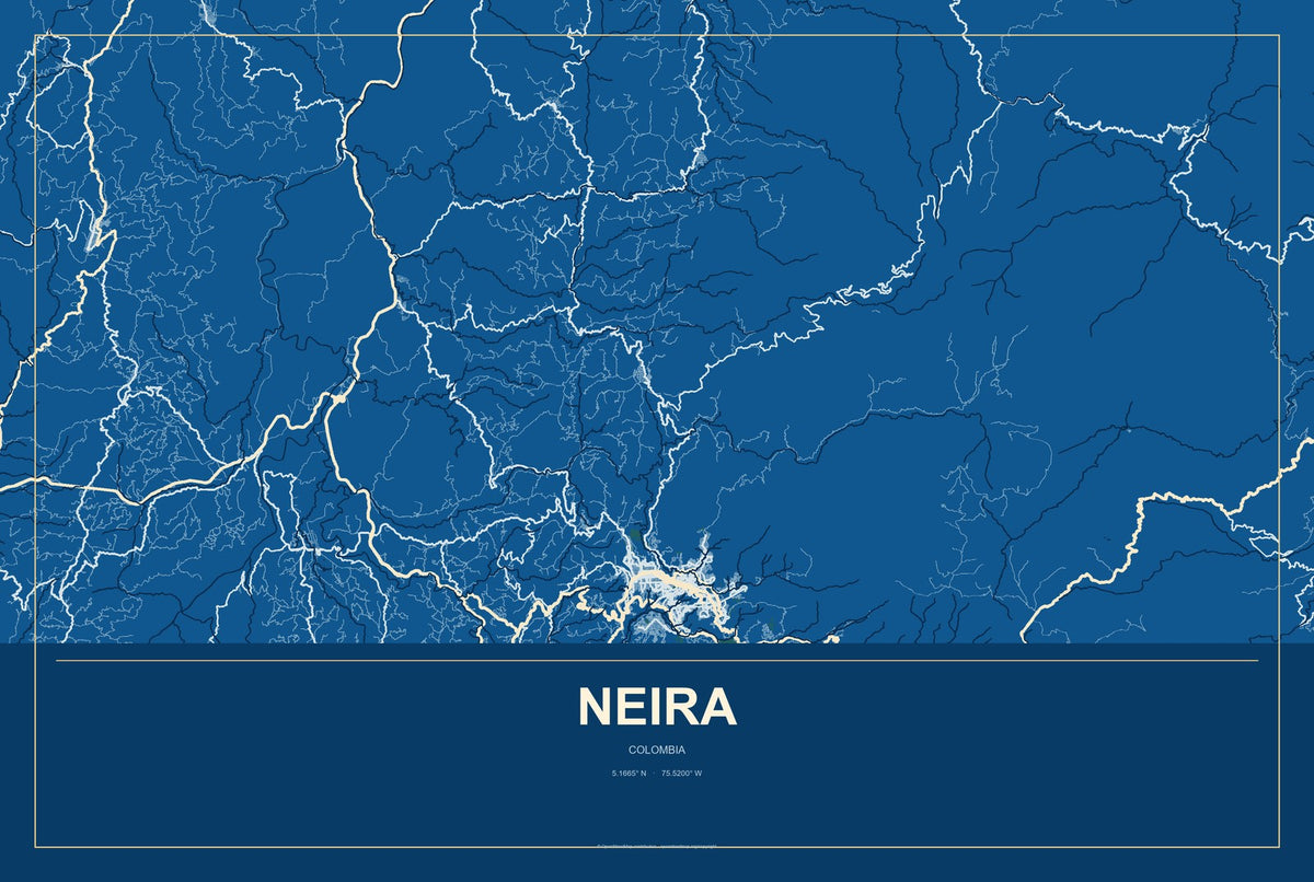 Neira, Colombia City Map Aluminum Sign in Harbor Cobalt style