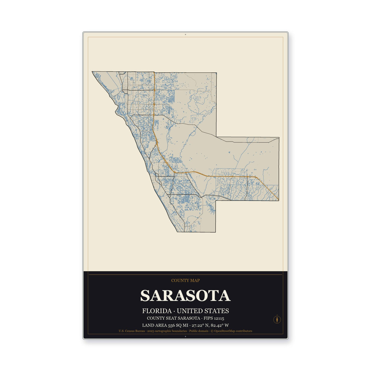 Sarasota County, Florida Map Aluminum Sign in Museum Plaque style