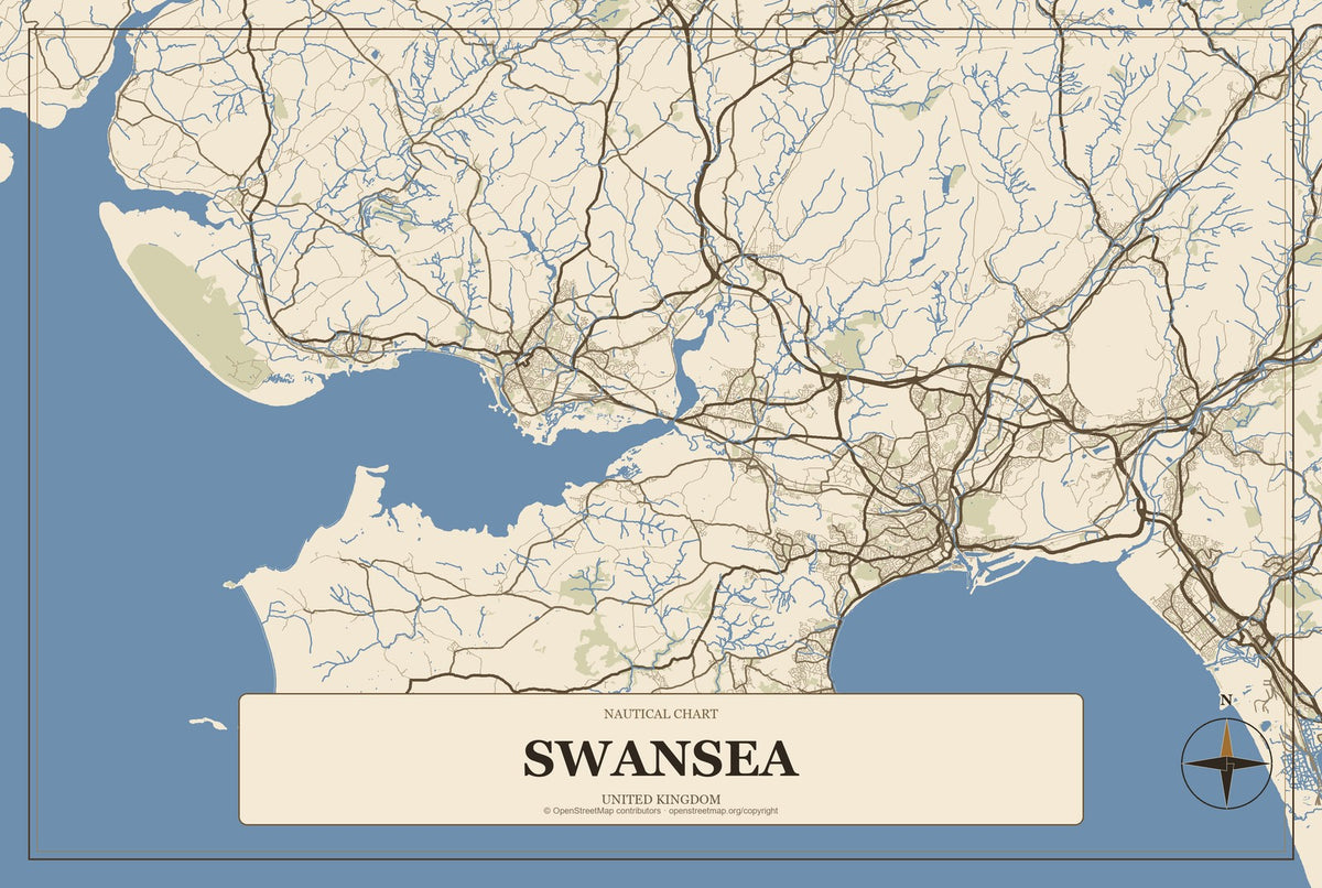 Swansea, United Kingdom City Map Aluminum Sign in Heritage Nautical style