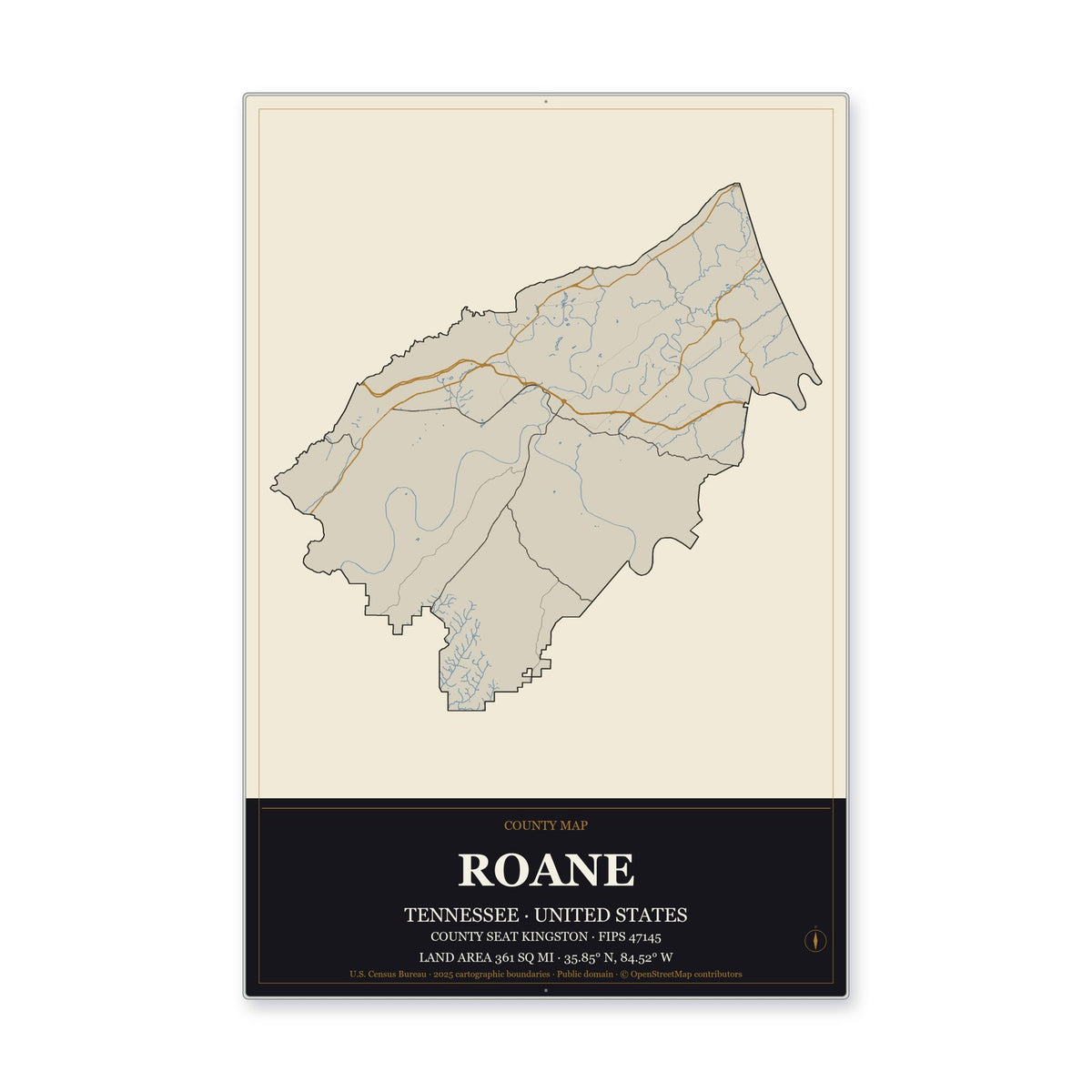 Roane County, Tennessee Map Aluminum Sign in Museum Plaque style