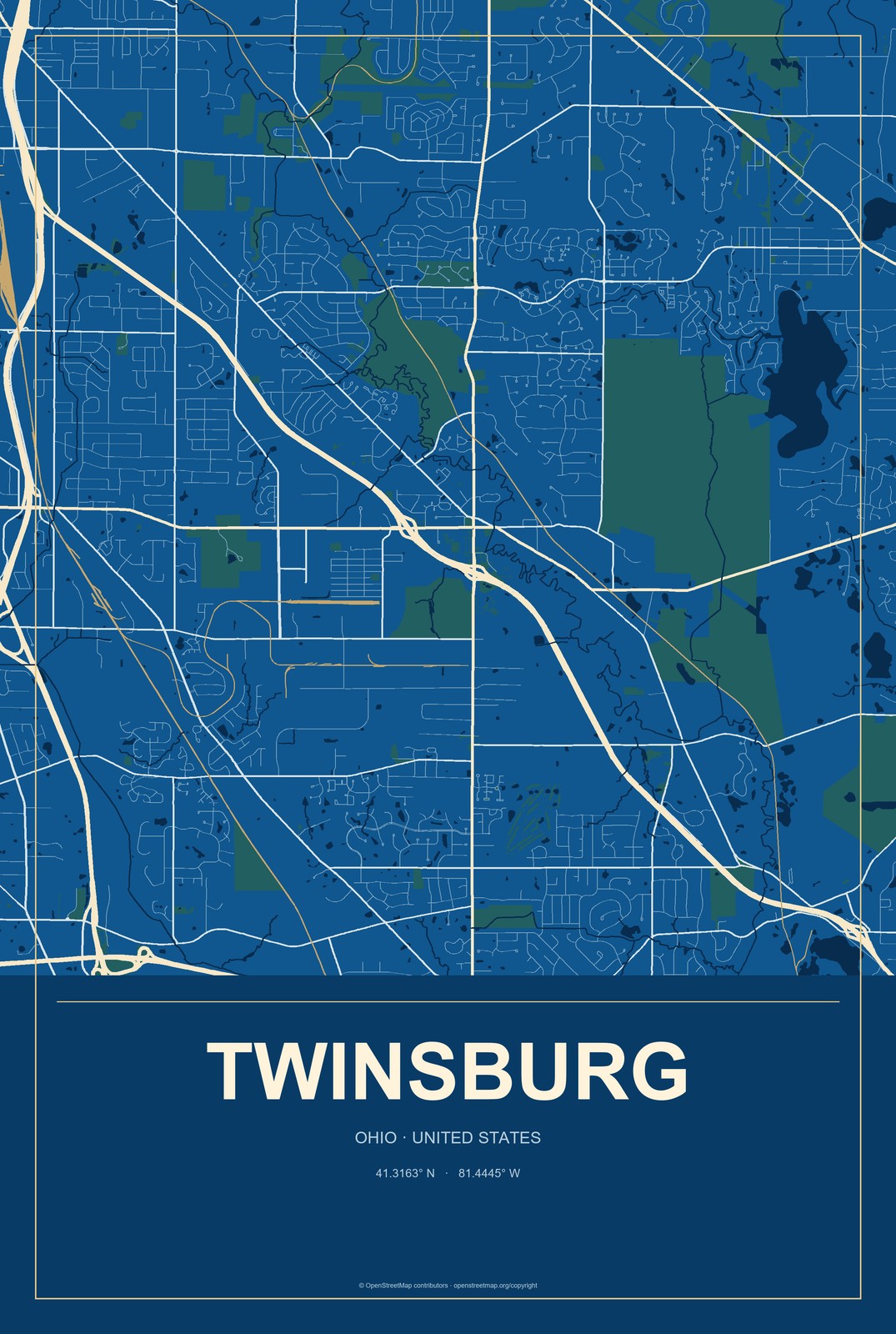 Twinsburg, Ohio City Map Aluminum Sign in Harbor Cobalt style
