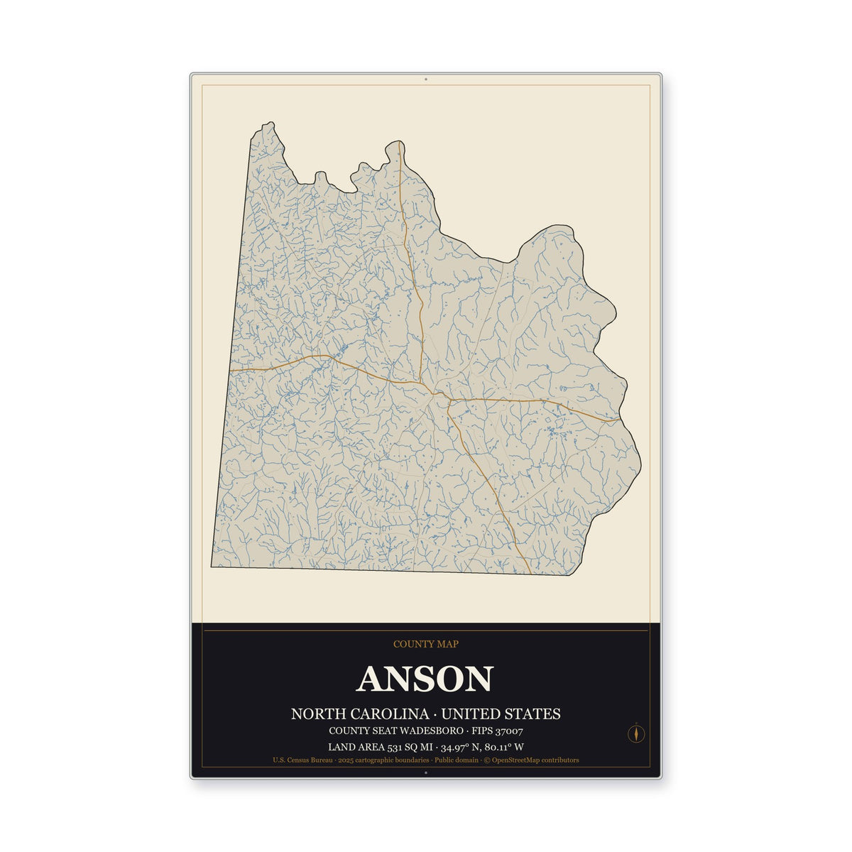 Anson County, North Carolina Map Aluminum Sign in Museum Plaque style