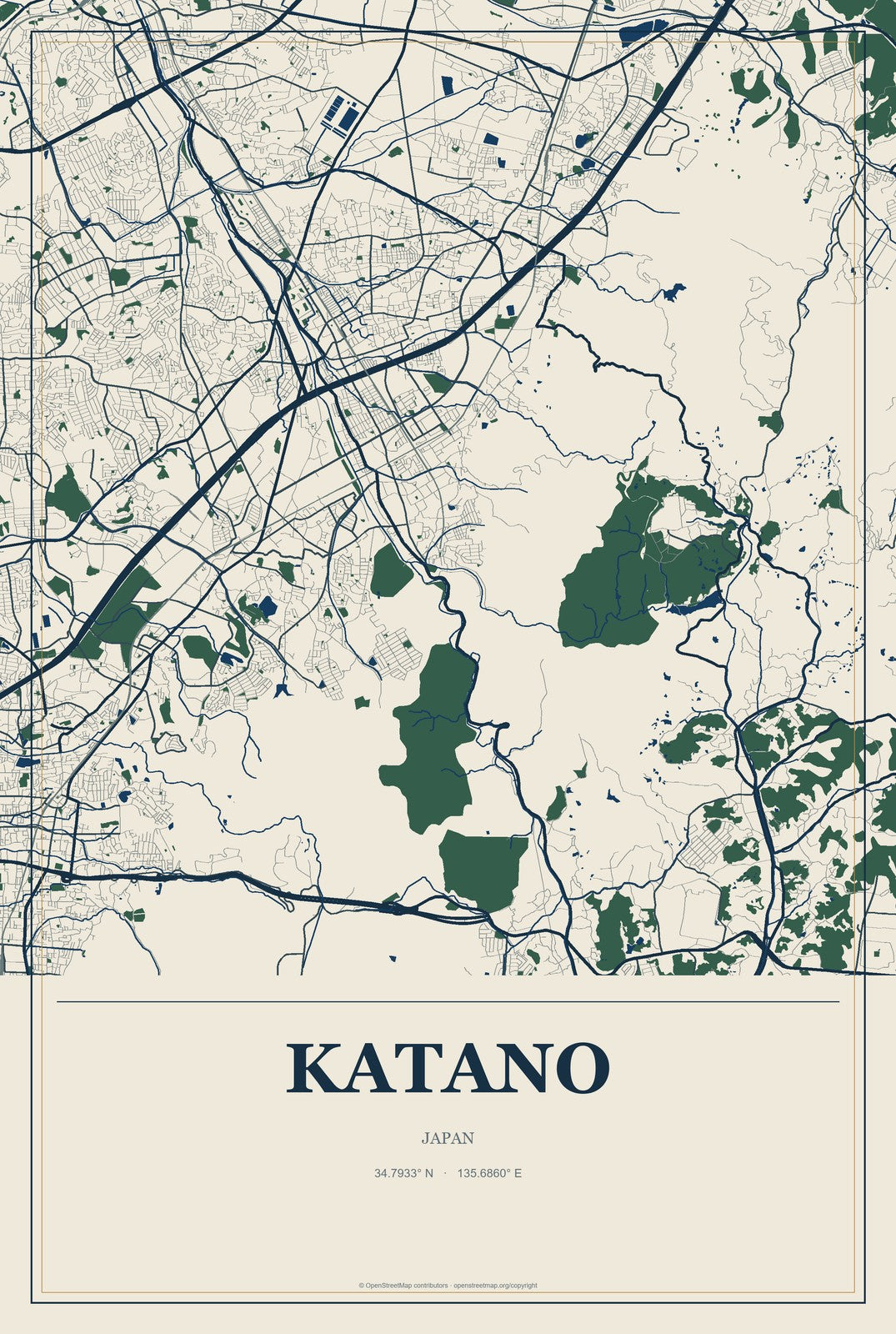 Katano, Japan City Map Aluminum Sign in Coastal Cutout style
