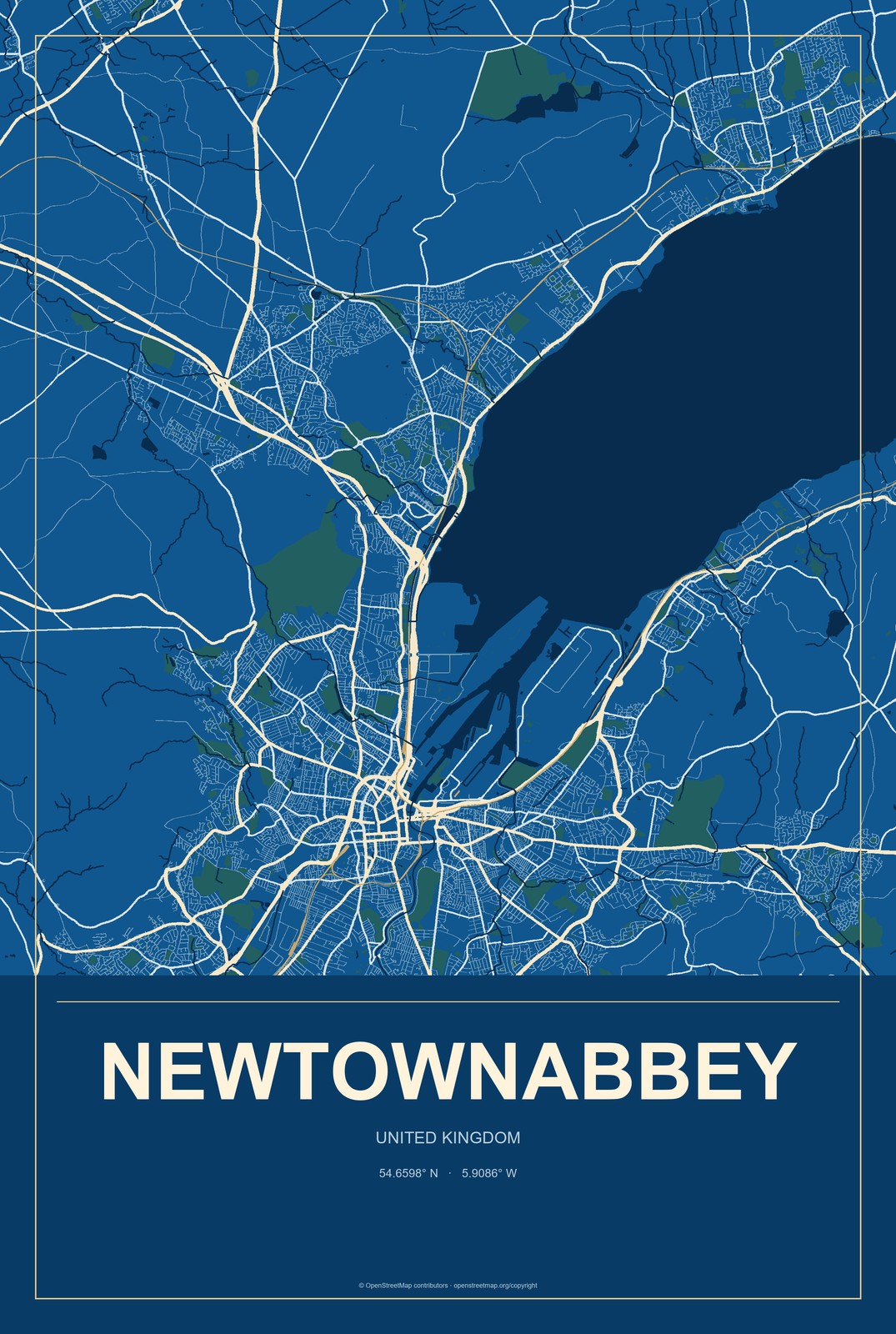 Newtownabbey, United Kingdom City Map Aluminum Sign in Harbor Cobalt style