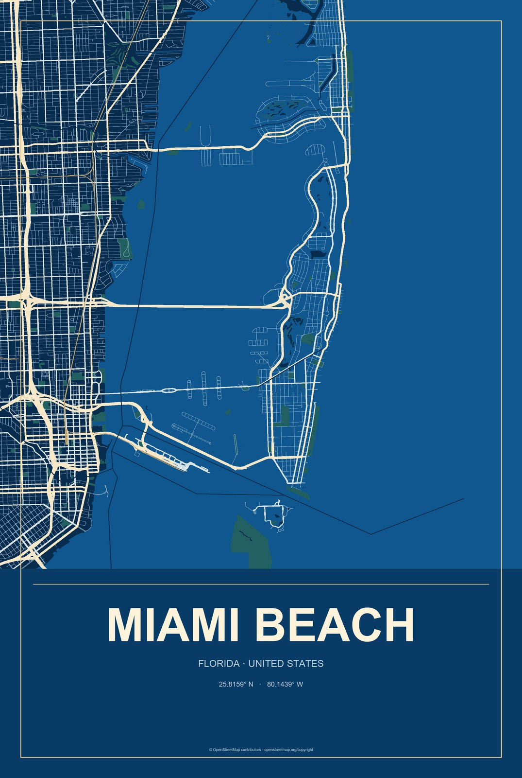 Miami Beach, Florida City Map Aluminum Sign in Harbor Cobalt style