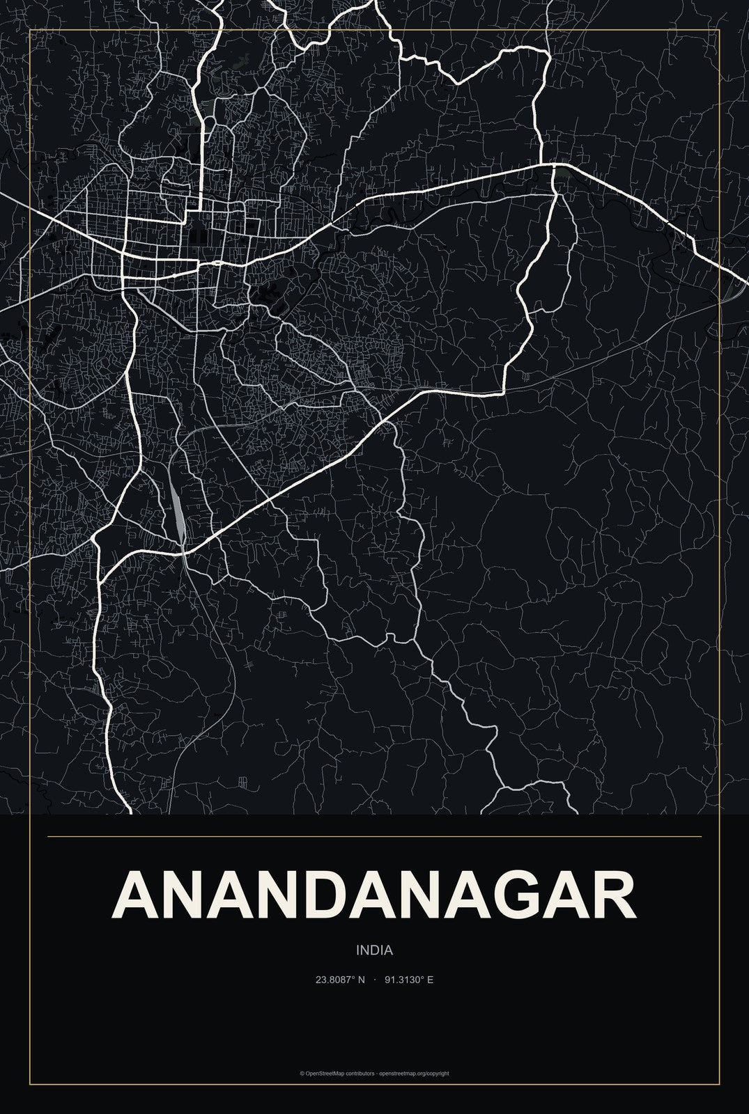 Anandanagar, India City Map Aluminum Sign in Metropolitan Noir style