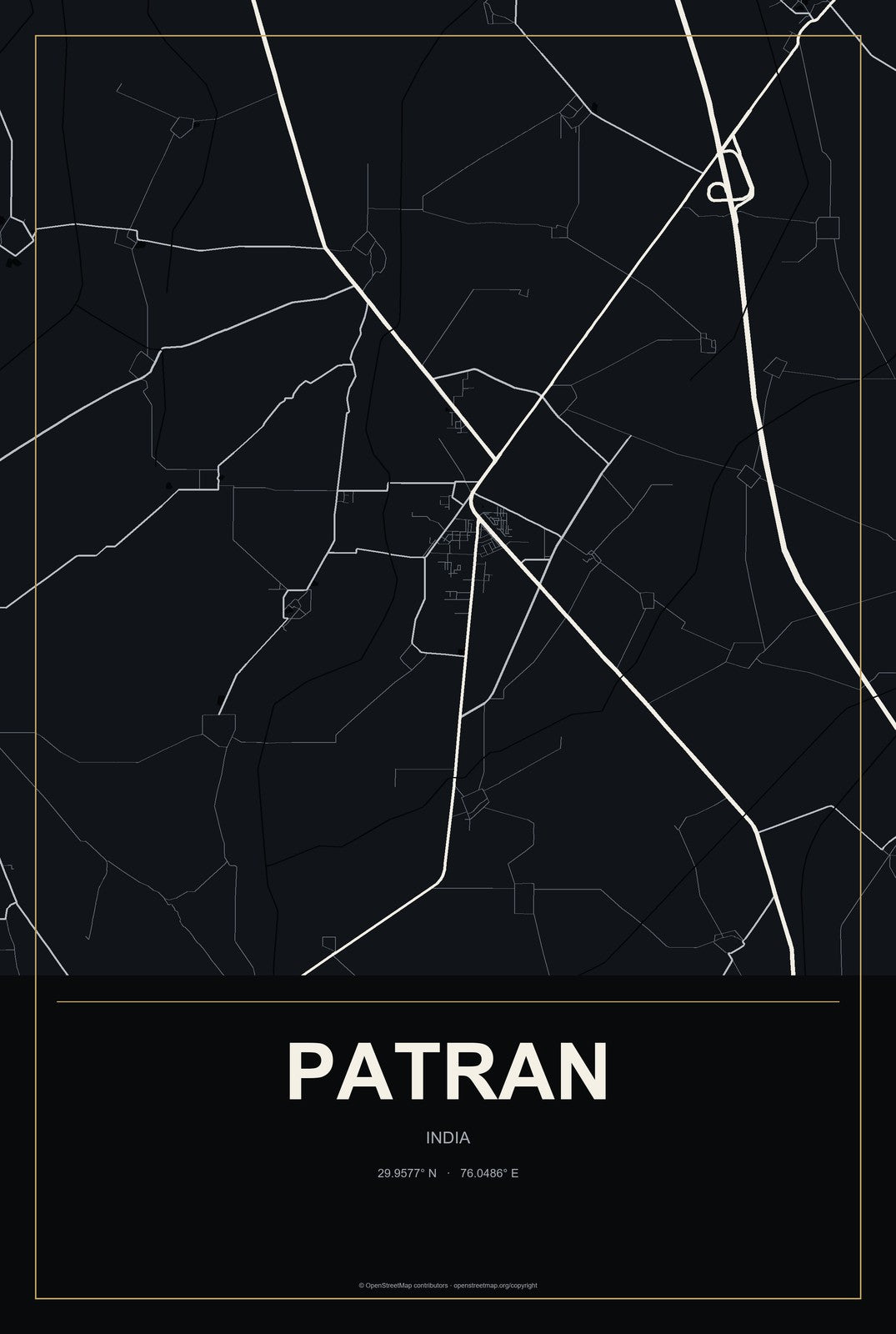 Patran, India City Map Aluminum Sign in Metropolitan Noir style