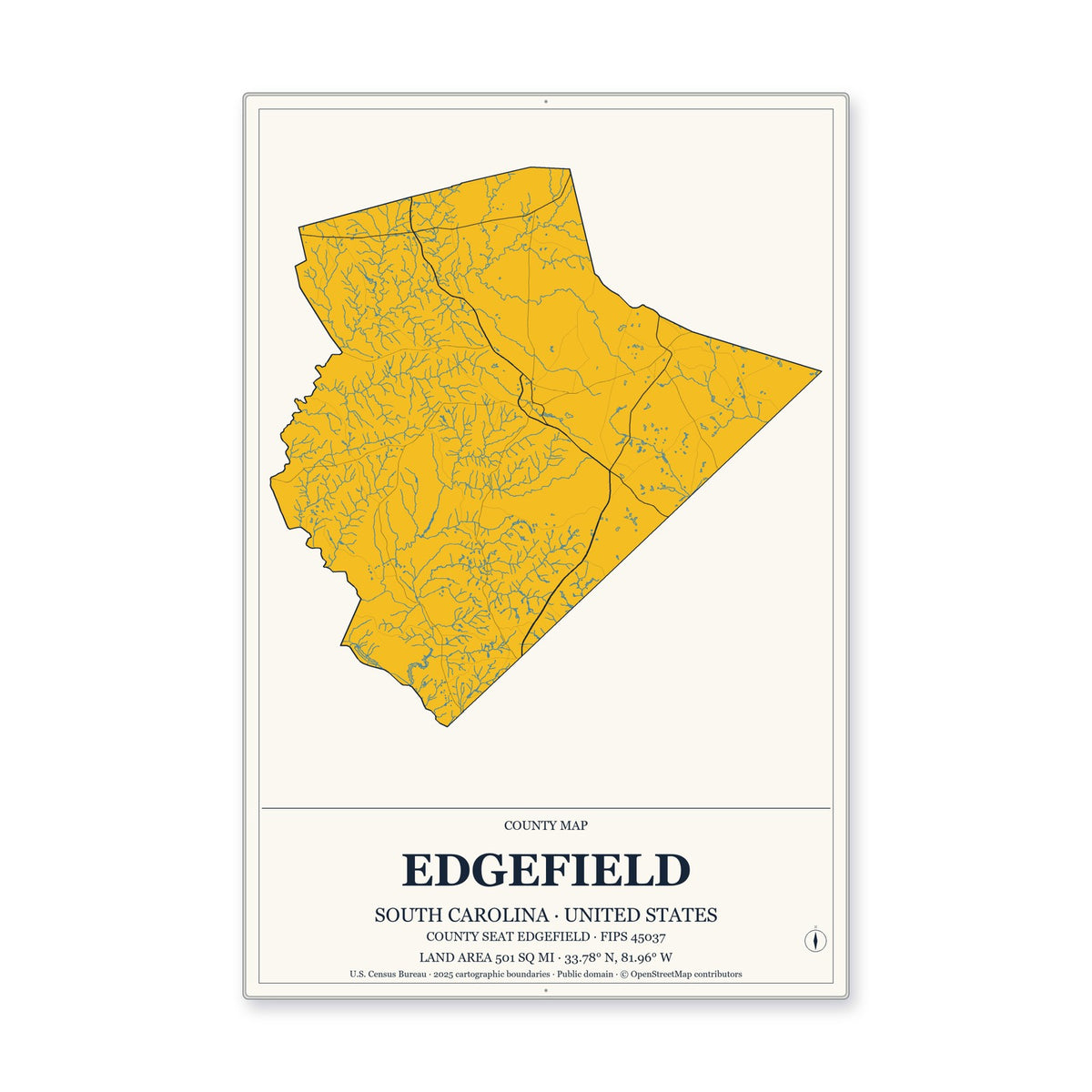 Edgefield County, South Carolina Map Aluminum Sign in Citrine Modern style